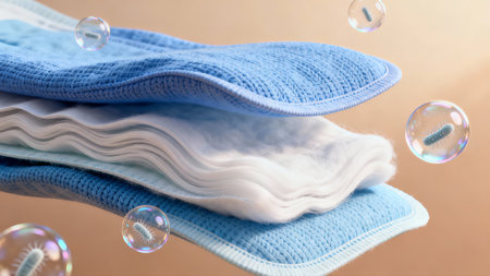 Stack of clean towels and soap bubbles on brown background, closeupの素材