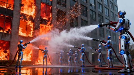 Robot spraying water on a fire in the city. Conceptual image.の素材