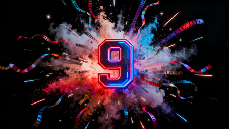 Number 9 with colorful firework on black background. 3D renderingの素材