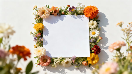 Blank white card with colorful flowers on the white wall, copy spaceの素材