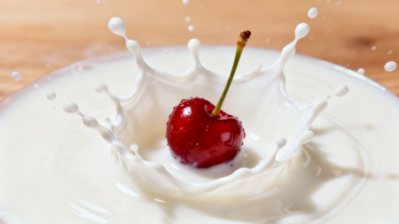 Splash of milk with cherry on a wooden background, close upの素材