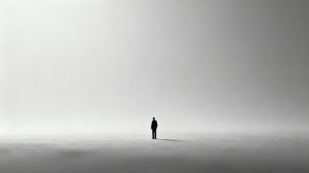 Silhouette of a businessman standing in the middle of a foggy roomの素材