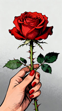 Hand with red rose on gray background. Vector hand drawn illustration.の素材
