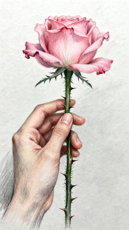 Hand with a pink rose on a white background. Pencil drawing.の素材