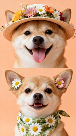 Collage of Shiba Inu dogs wearing a hat and flowersの素材
