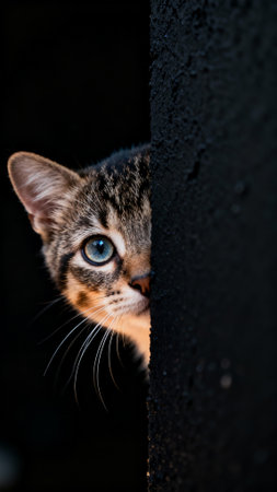 cute little kitten with blue eyes looking out from behind the wallの素材