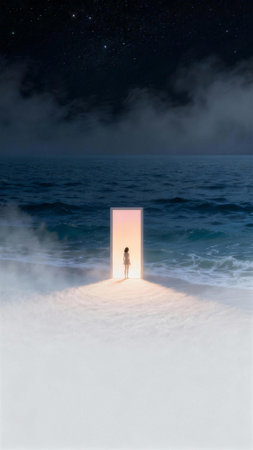 Woman standing at the entrance to the sea. 3D rendering.の素材