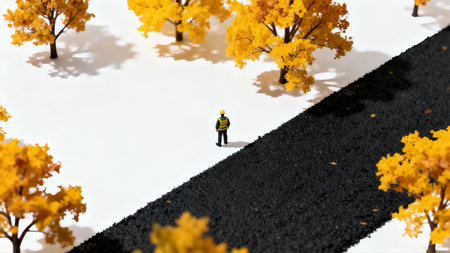 Miniature people : Worker with yellow tree and black asphalt road.の素材