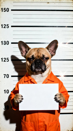 french bulldog dog in orange jumpsuit with white sheet of paperの素材