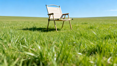 Wooden chair in the field on a background of green grass.の素材