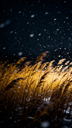 Snowfall in the field of reeds on a dark background.の素材