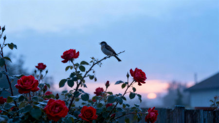 A little bird sits on a rose bush on a background of the sunsetの素材
