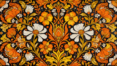 Floral pattern on the wall. Floral pattern on a black background.の素材