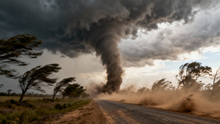 Natural disaster - tornado in the middle of a dirt road in Brazilの素材