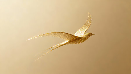 golden bird flying in the sky with golden bokeh effectの素材