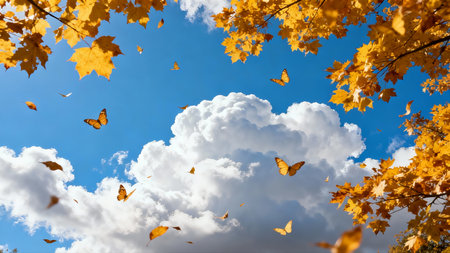 Autumn leaves against the blue sky and white clouds. Nature backgroundの素材