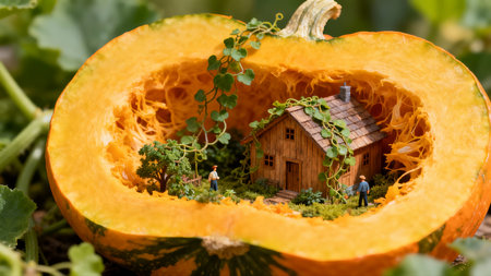 Miniature people in a pumpkin with a house in the background.の素材