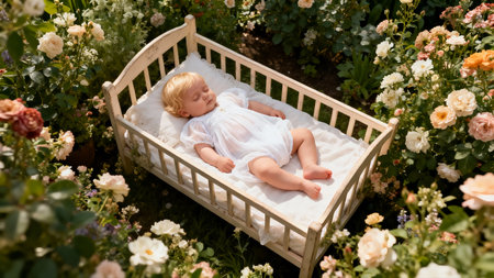 Cute baby girl sleeping in a crib in a beautiful summer gardenの素材