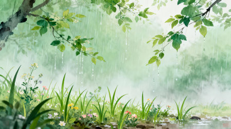 Rainy day in the forest with green grass and flowers, illustrationの素材