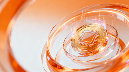 Digital currency physical gold bitcoin coin. Cryptocurrency concept. 3D illustration.の素材