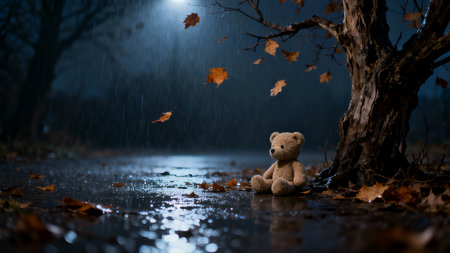 Teddy bear in rain with autumn leaves on a rainy night.の素材