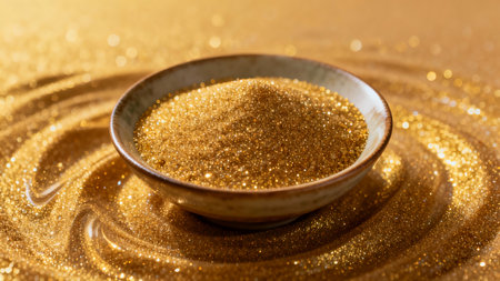 bowl of golden sugar on a golden background, shallow depth of fieldの素材