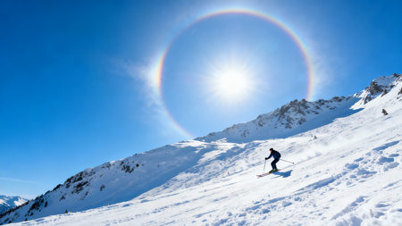 Skier skiing downhill during sunny winter day with rainbow in the skyの素材