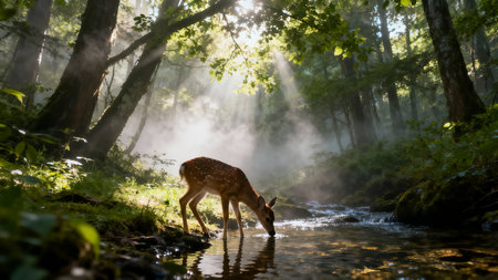 Fawn drinking water from a stream in the forest in the morningの素材