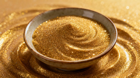 bowl of sesame seed oil on golden glitter background, closeupの素材