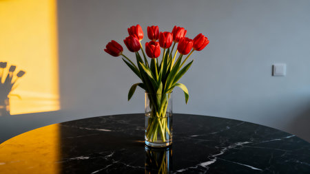 Bouquet of red tulips in a vase on a black marble tableの素材
