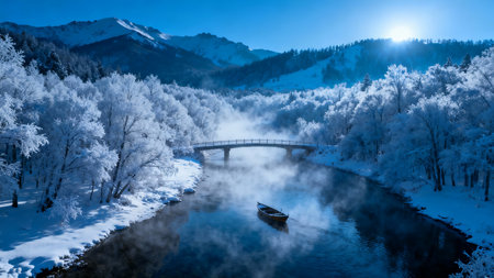 Winter landscape with a river and a wooden bridge in the foreground.の素材