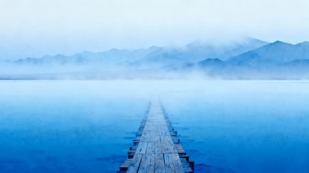 Wooden pier on the lake in foggy morning, panoramic viewの素材