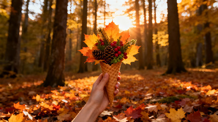 Female hand holding a waffle cone with a bouquet of autumn leaves.の素材