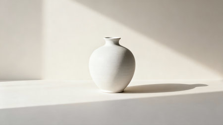 White ceramic vase on a white background with shadow from the windowの素材