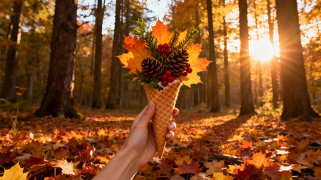 A woman holds a waffle cone with autumn leaves in her hand.の素材
