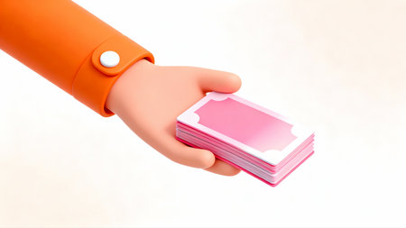 Hand holding a ticket isolated on white background. 3d illustration.の素材