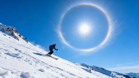 Freeride skier in the mountains with rainbow halo.の素材