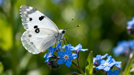 Butterfly on a forget-me-not flower in the gardenの素材