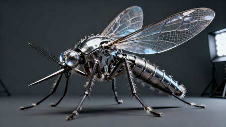 3D rendering of a dragonfly isolated on black studio background.の素材