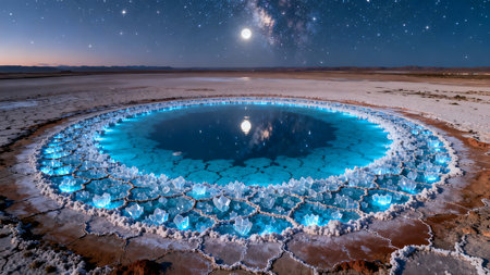 Frozen lake in the middle of the desert with moon and starsの素材