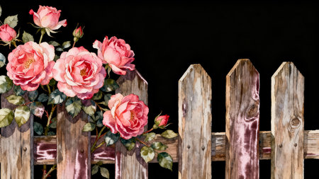 Old wooden fence with pink roses on black background. Watercolor paintingの素材