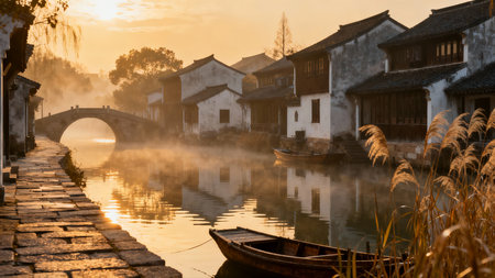 Zhouzhuang ancient town at sunset, Zhejiang, Chinaの素材