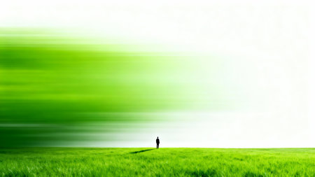 Silhouette of a man standing on a green meadow with blurred backgroundの素材
