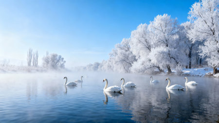 Winter landscape with swans on the river and hoarfrost.の素材