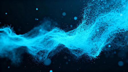 Abstract blue digital particles wave on dark background. 3D Renderingの素材