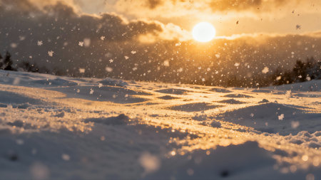 Snowfall in the mountains at sunset. Winter landscape with snowflakesの素材
