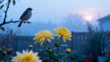 Chrysanthemum flowers in the garden at dawn with a birdの素材