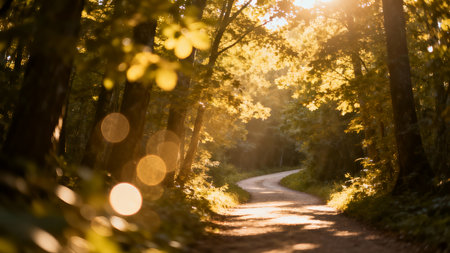 Autumn forest with sun rays and bokeh. Nature backgroundの素材