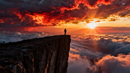 Man on the top of the mountain looking at the sunset in cloudsの素材