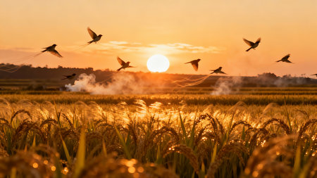 Sunset over rice field with flock of birds on sunset background.の素材